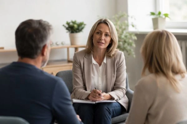 Couple discussing financial arrangement , pensions in divorce Paignton